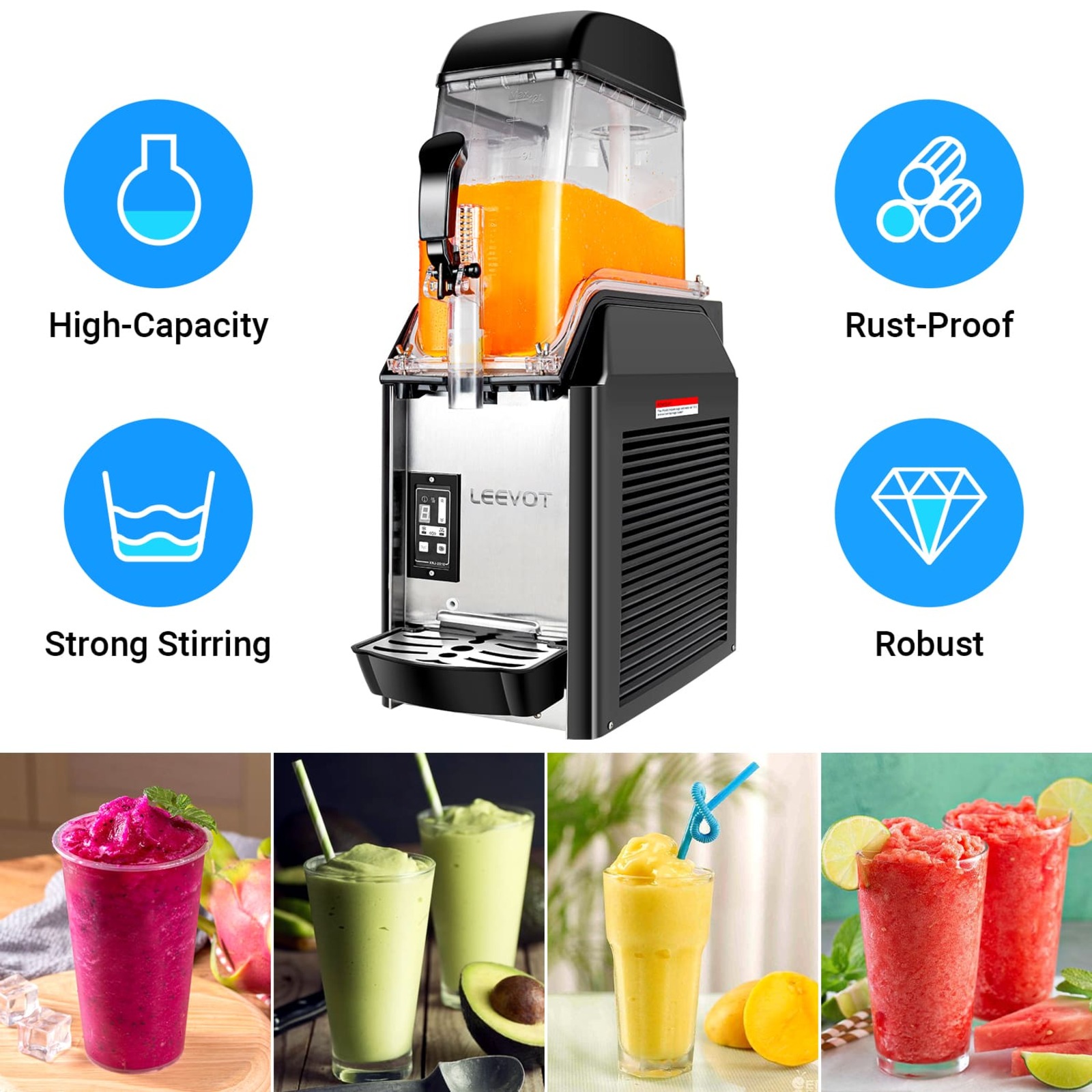 LEEVOT 3.2-Gallon Single-Tank Commercial Slushy Machine - Frozen Beverage Dispenser
