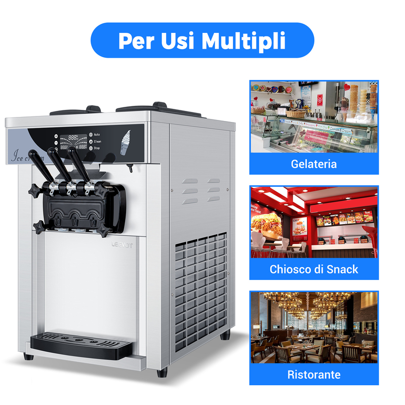 Leevot Macchina per Gelato Soft Serve da Banco con 2 Tramogge e 3 Dispenser per Ristoranti e Snack Bar