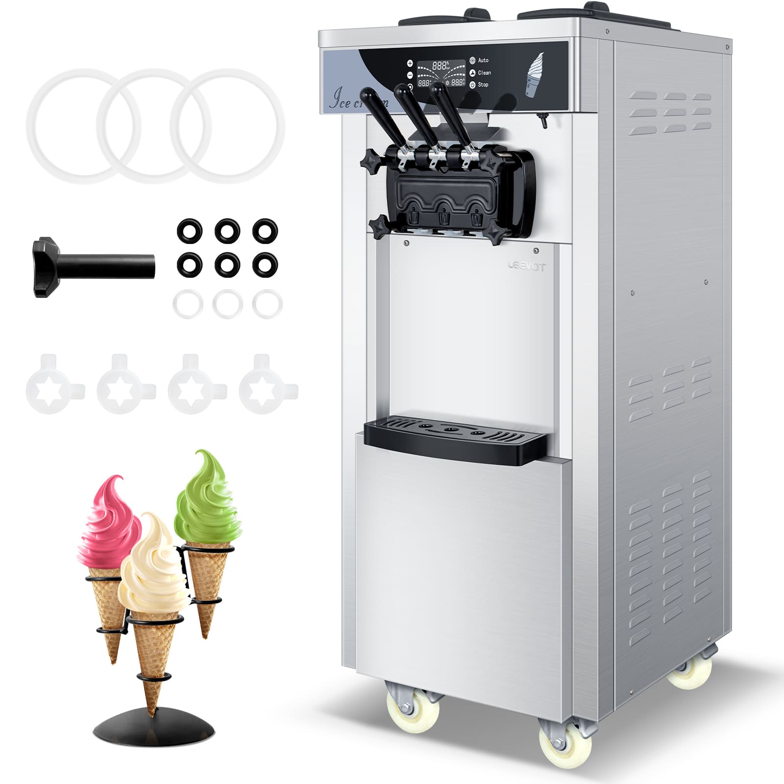 Macchina per Gelato Soft Serve Commerciale Leevot - Modello da Pavimento, 3 Gusti, 2 Tramogge, 3 Dispenser per Ristoranti e Snack Bar