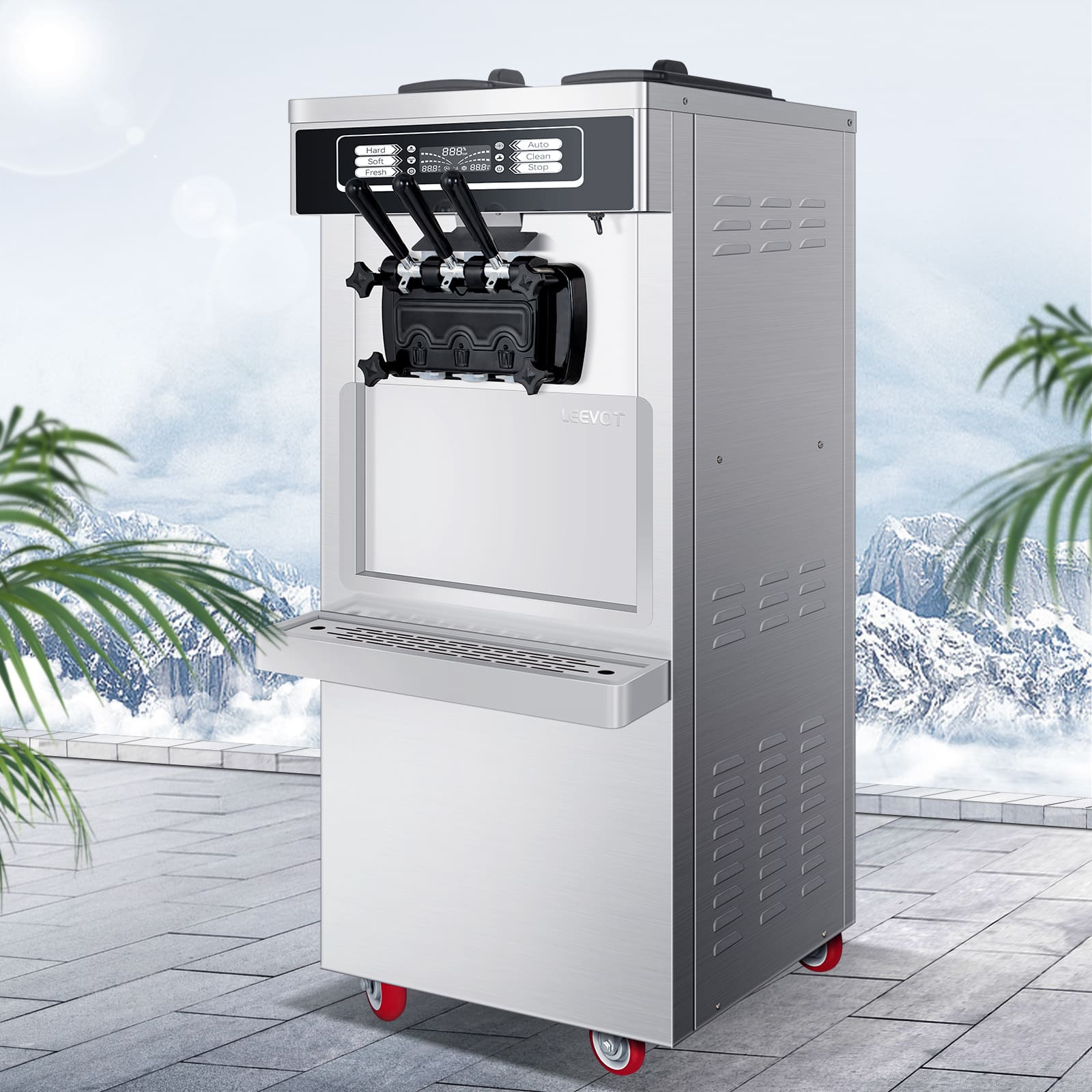 Leevot Macchina per Gelato Soft Serve Modello da Pavimento con Funzione di Pre-raffreddamento e Freschezza, 2 Tramogge e 3 Dispenser