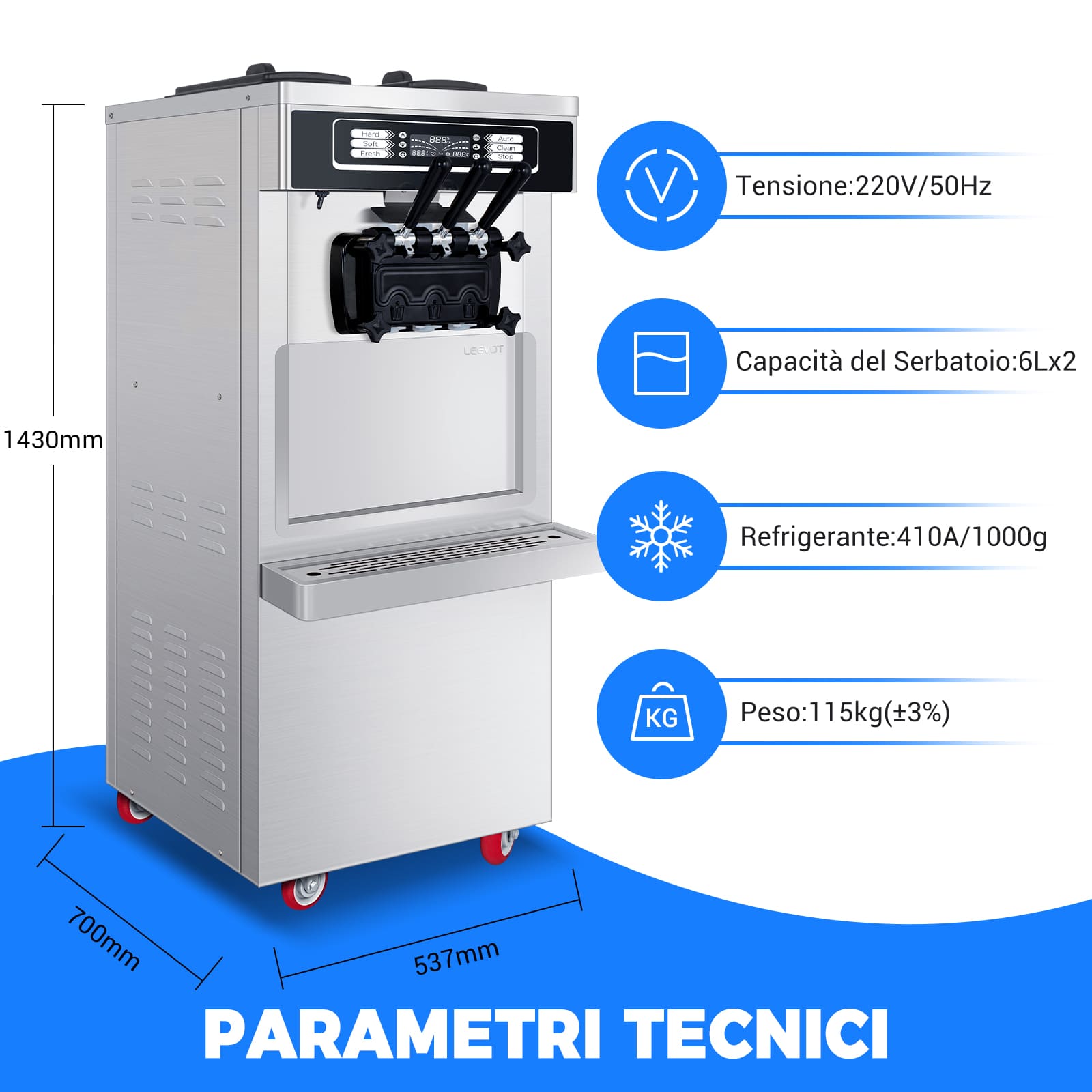 Leevot Macchina per Gelato Soft Serve Modello da Pavimento con Funzione di Pre-raffreddamento e Freschezza, 2 Tramogge e 3 Dispenser