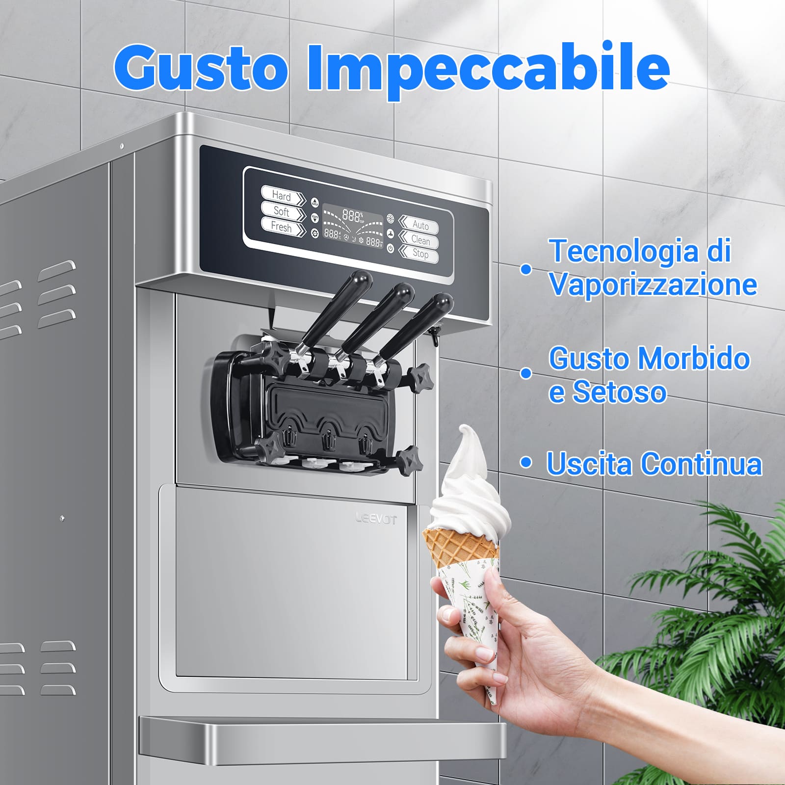 Leevot Macchina per Gelato Soft Serve Modello da Pavimento con Funzione di Pre-raffreddamento e Freschezza, 2 Tramogge e 3 Dispenser