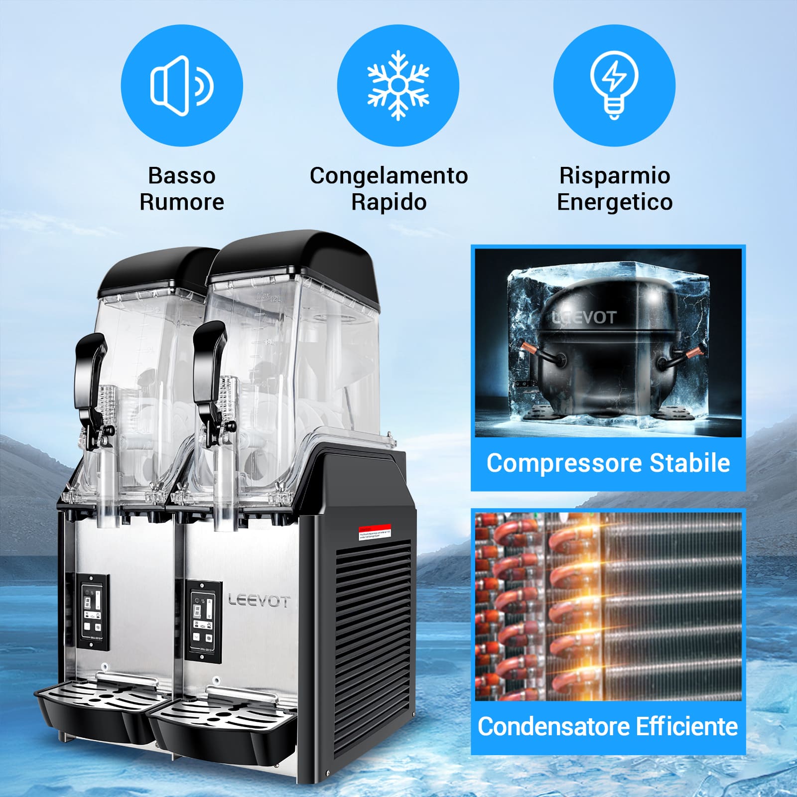 LEEVOT Macchina per Granite Commerciale a Doppia Vasca da 12L*2 - Fabbricatore di Bevande Ghiacciate in Acciaio Inossidabile per Ristoranti e Bar