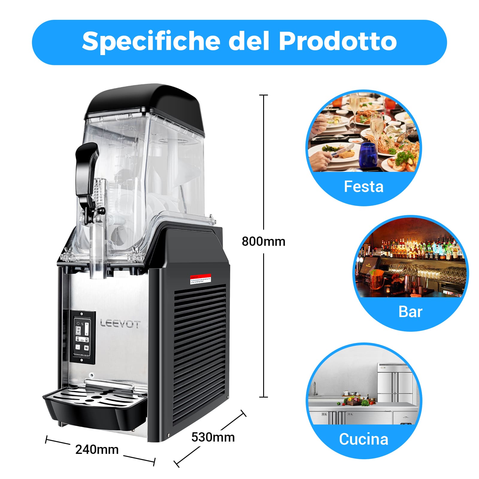 LEEVOT 12L Macchina per Granite Commerciale a Singola Vasca - Fabbricatore di Bevande Ghiacciate in Acciaio Inossidabile per Ristoranti e Bar