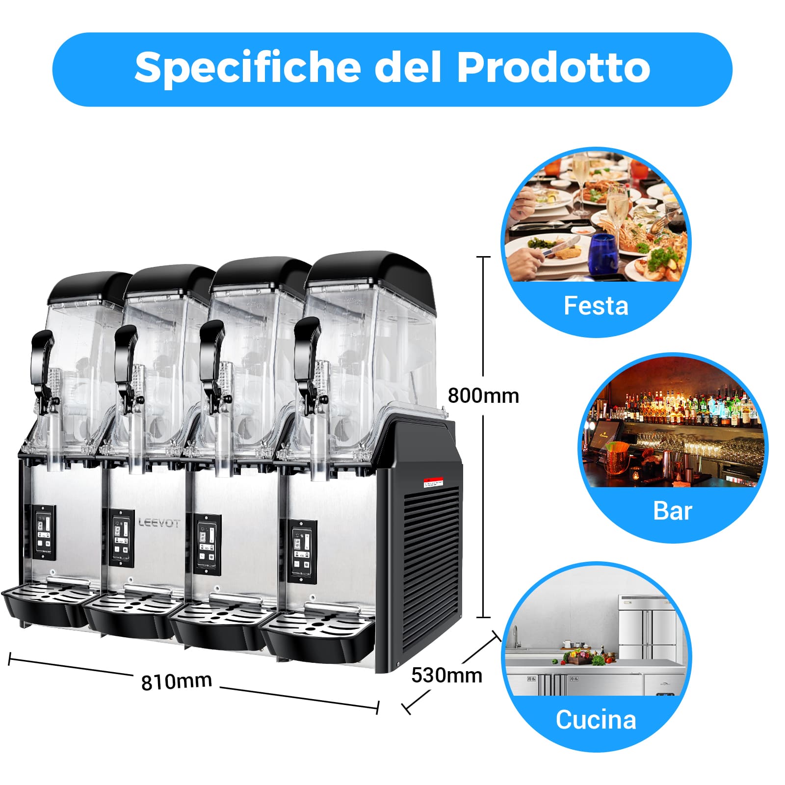 LEEVOT Macchina per Granite Commerciale con Quattro Vasche da 12L - Fabbricatore di Bevande Ghiacciate in Acciaio Inossidabile per Ristoranti e Bar
