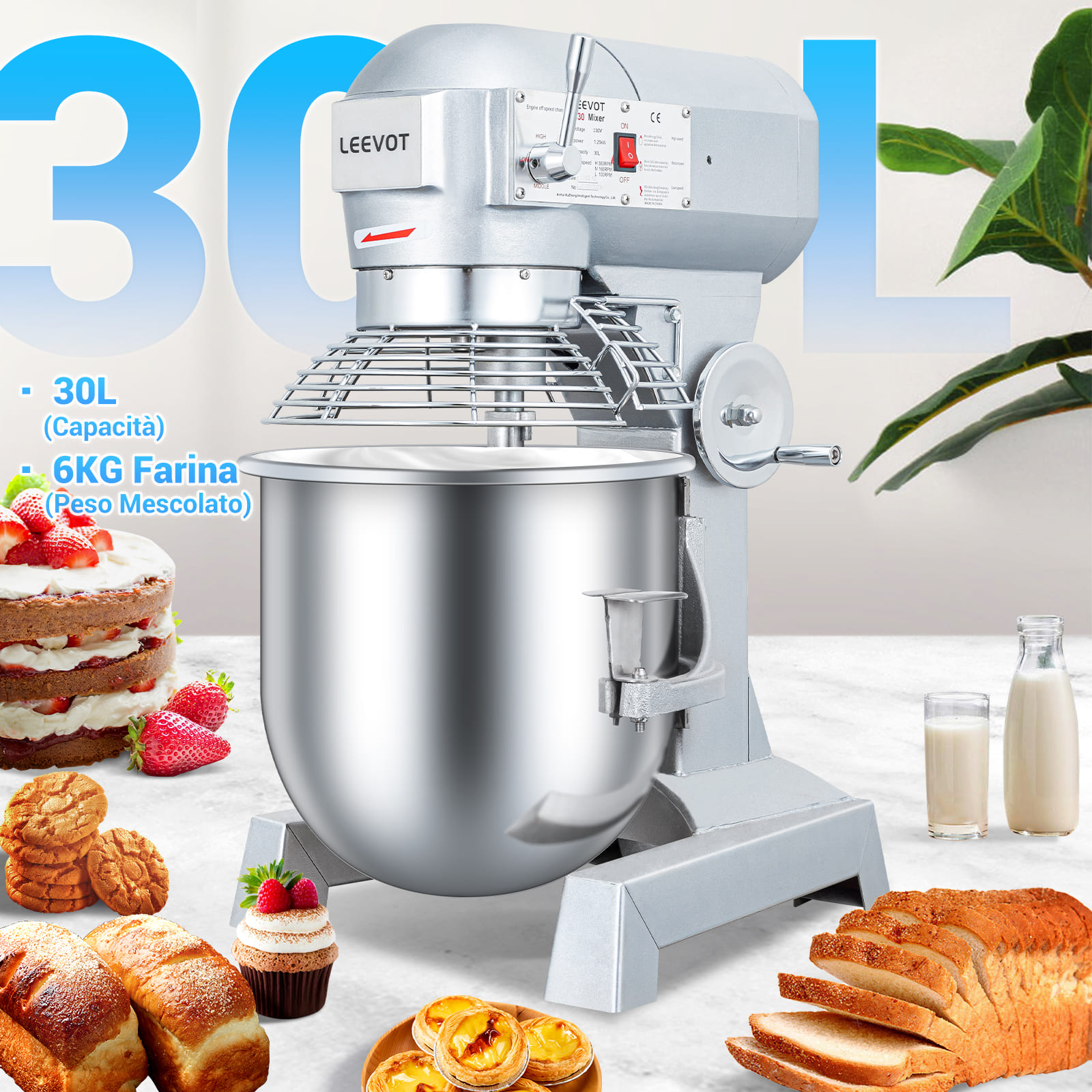 Leevot mixer professionale 30 L. - Funzione di Temporizzazione, Mixer Elettrico da Banco Robusto con Protezione e Accessori Standard