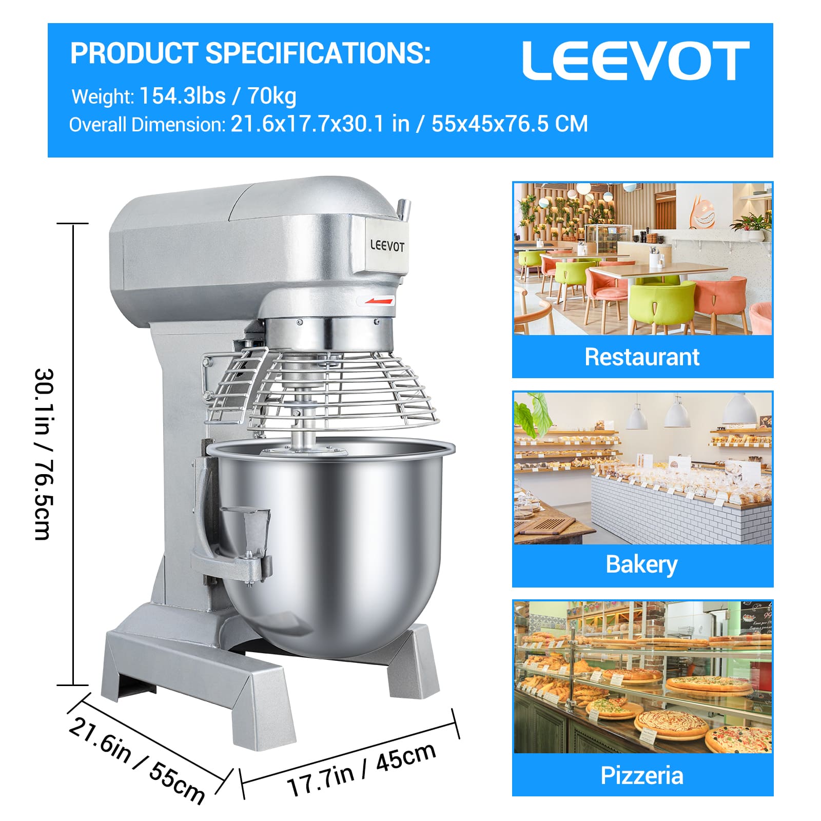 Leevot mixer professionale 30 L. - Funzione di Temporizzazione, Mixer Elettrico da Banco Robusto con Protezione e Accessori Standard