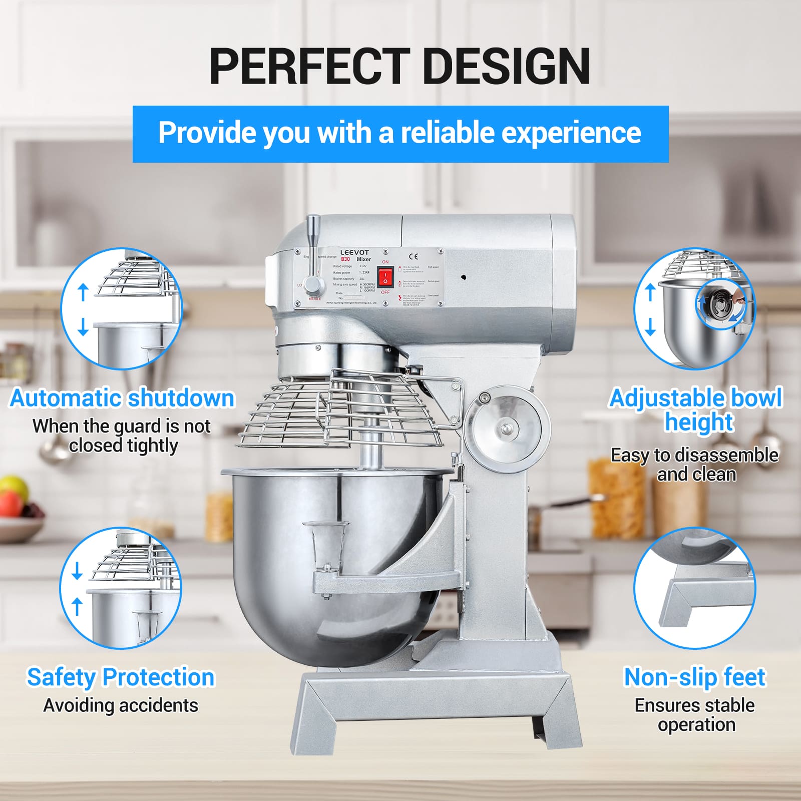 Leevot mixer professionale 30 L. - Funzione di Temporizzazione, Mixer Elettrico da Banco Robusto con Protezione e Accessori Standard