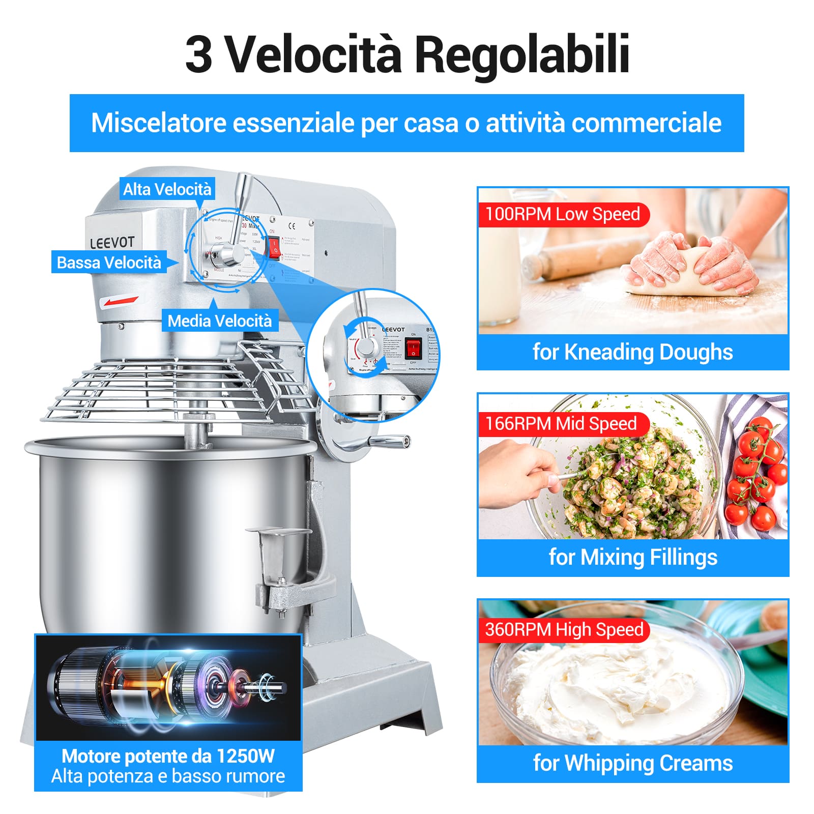 Leevot mixer professionale 20 L. - Funzione di Temporizzazione, Mixer Elettrico da Banco Robusto con Protezione e Accessori Standard