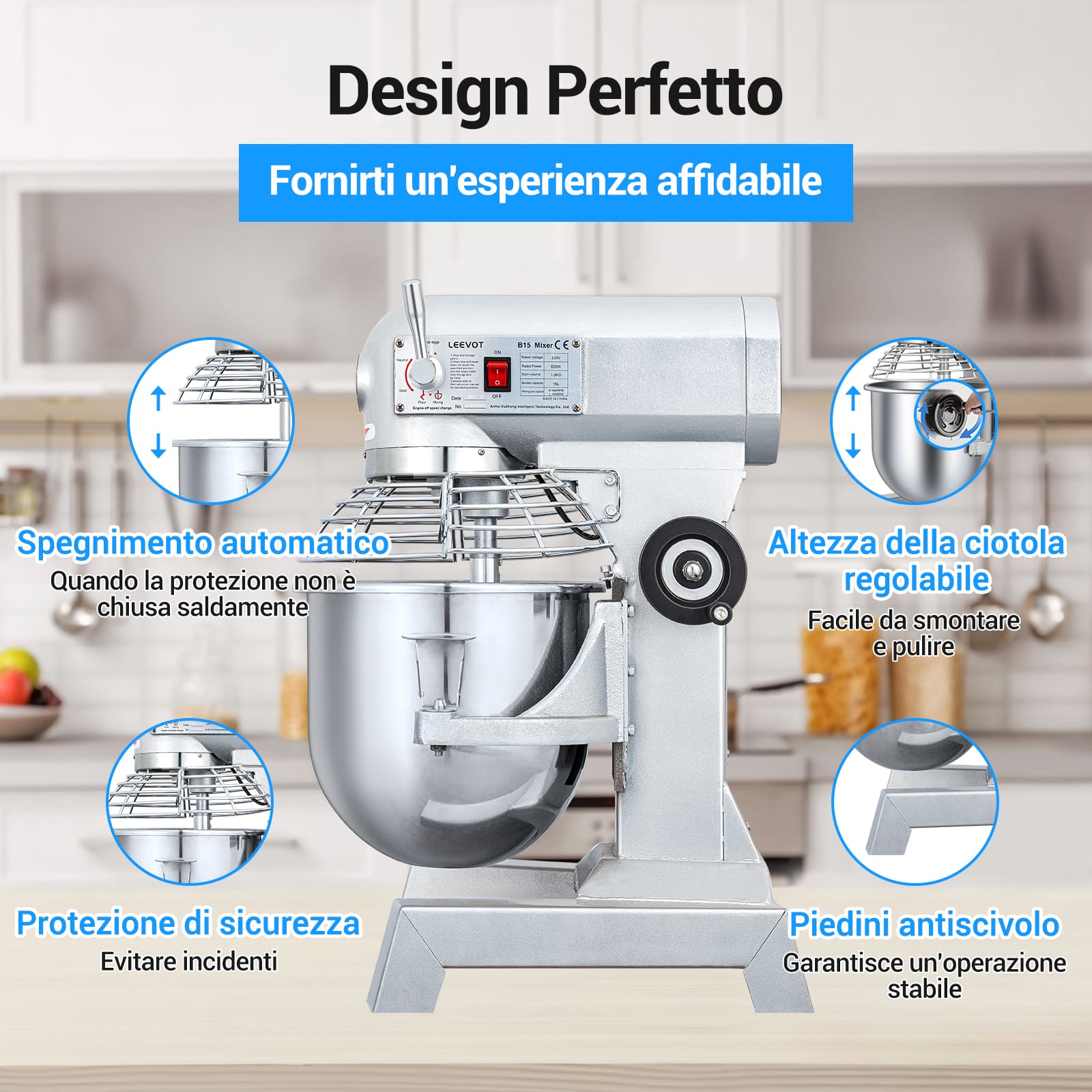 Leevot Mixer da 15Qt. Robusto - Prestazioni Affidabili per Panifici e Pizzerie