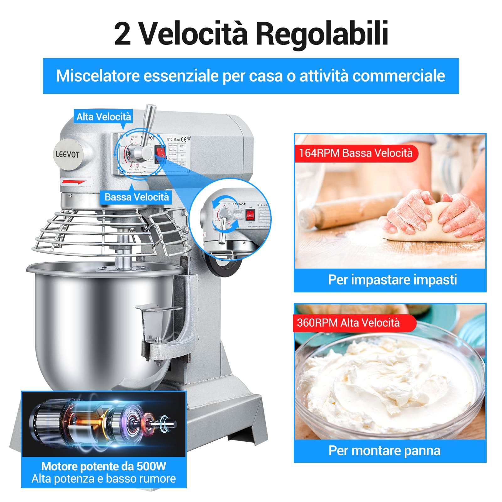 Leevot Impastatrice Planetaria Commerciale da 10L - Funzionamento Versatile con Paraschizzi e Accessori Standard