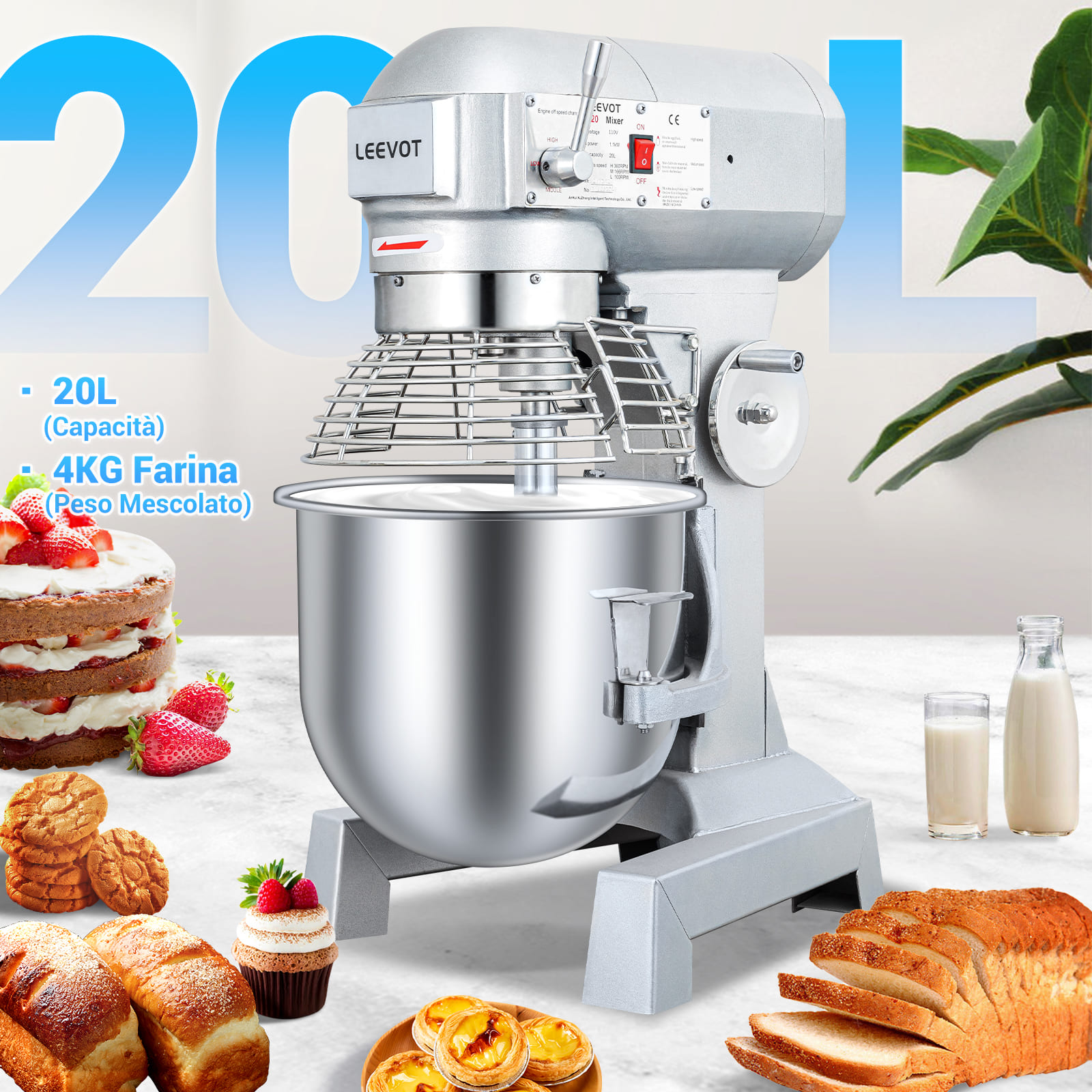 Leevot mixer professionale 20 L. - Funzione di Temporizzazione, Mixer Elettrico da Banco Robusto con Protezione e Accessori Standard