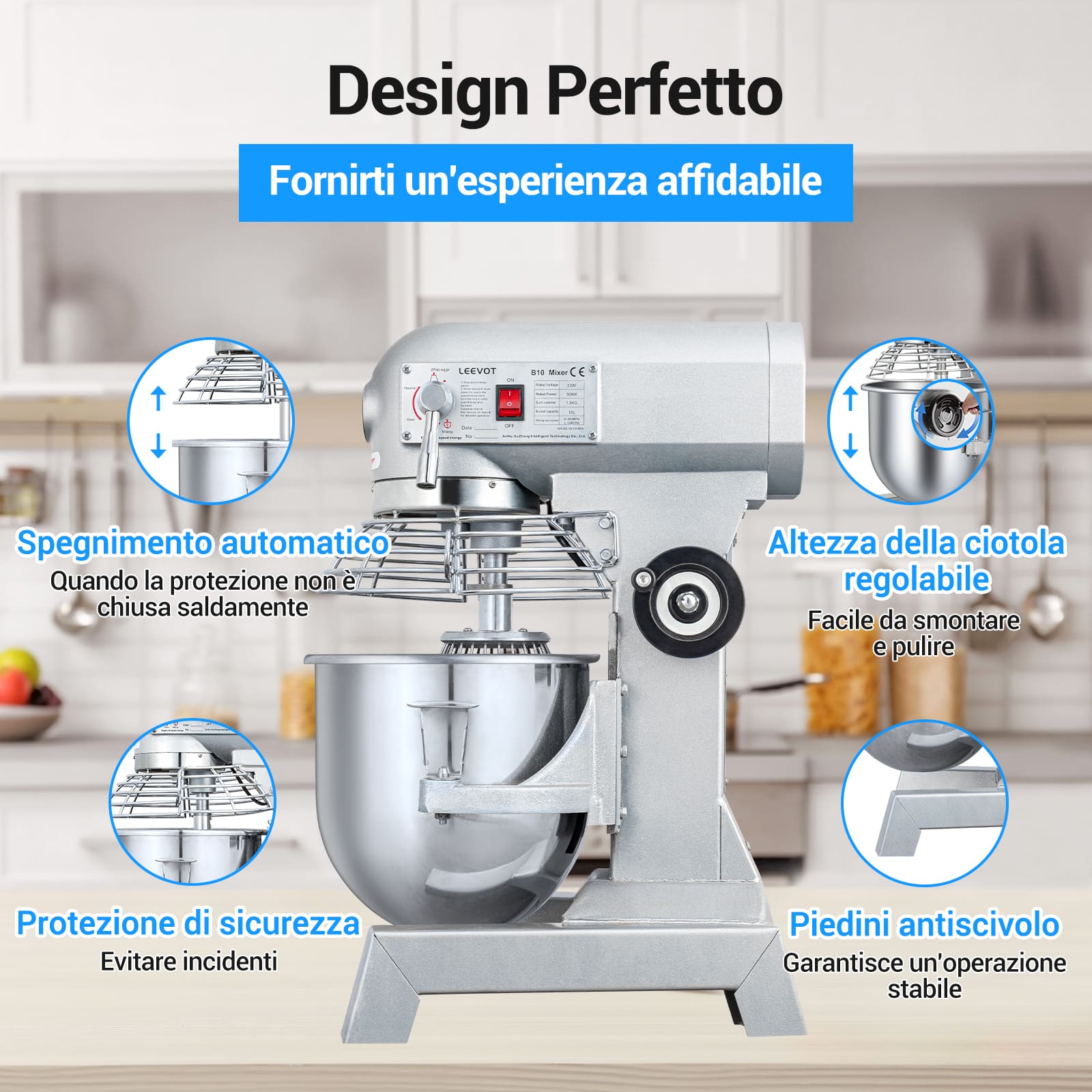 Leevot Impastatrice Planetaria Commerciale da 10L - Funzionamento Versatile con Paraschizzi e Accessori Standard