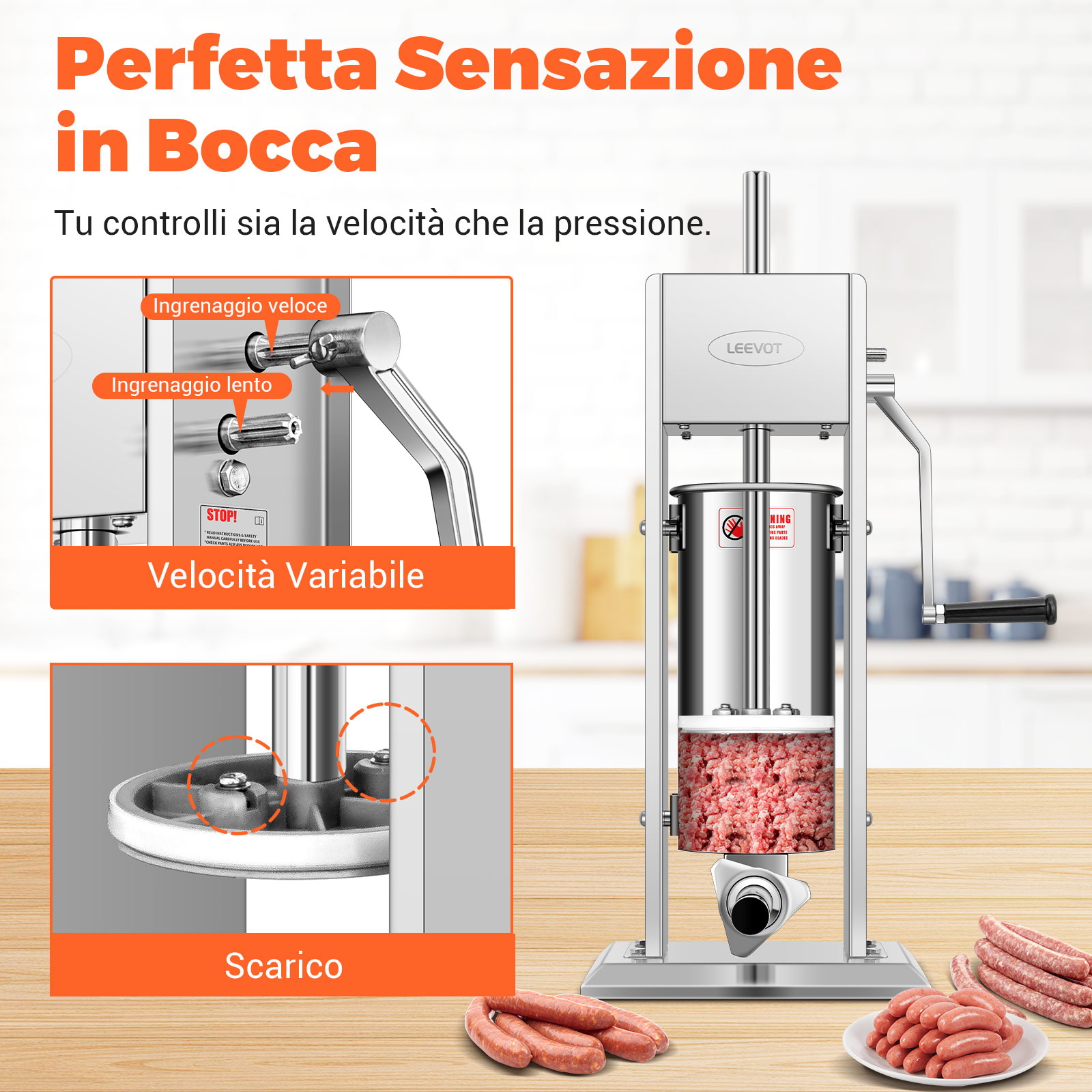 Leevot 7 Litri Insaccatrice Verticale Manuale - Acciaio Inox, 2 Velocità, 4 Tubetti di Riempimento