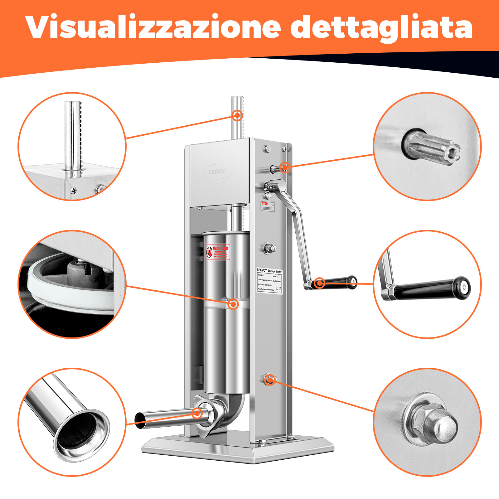 Leevot 5 Litri Insaccatrice Manuale Verticale - Acciaio Inox, 2 Velocità, 4 Tubetti di Riempimento