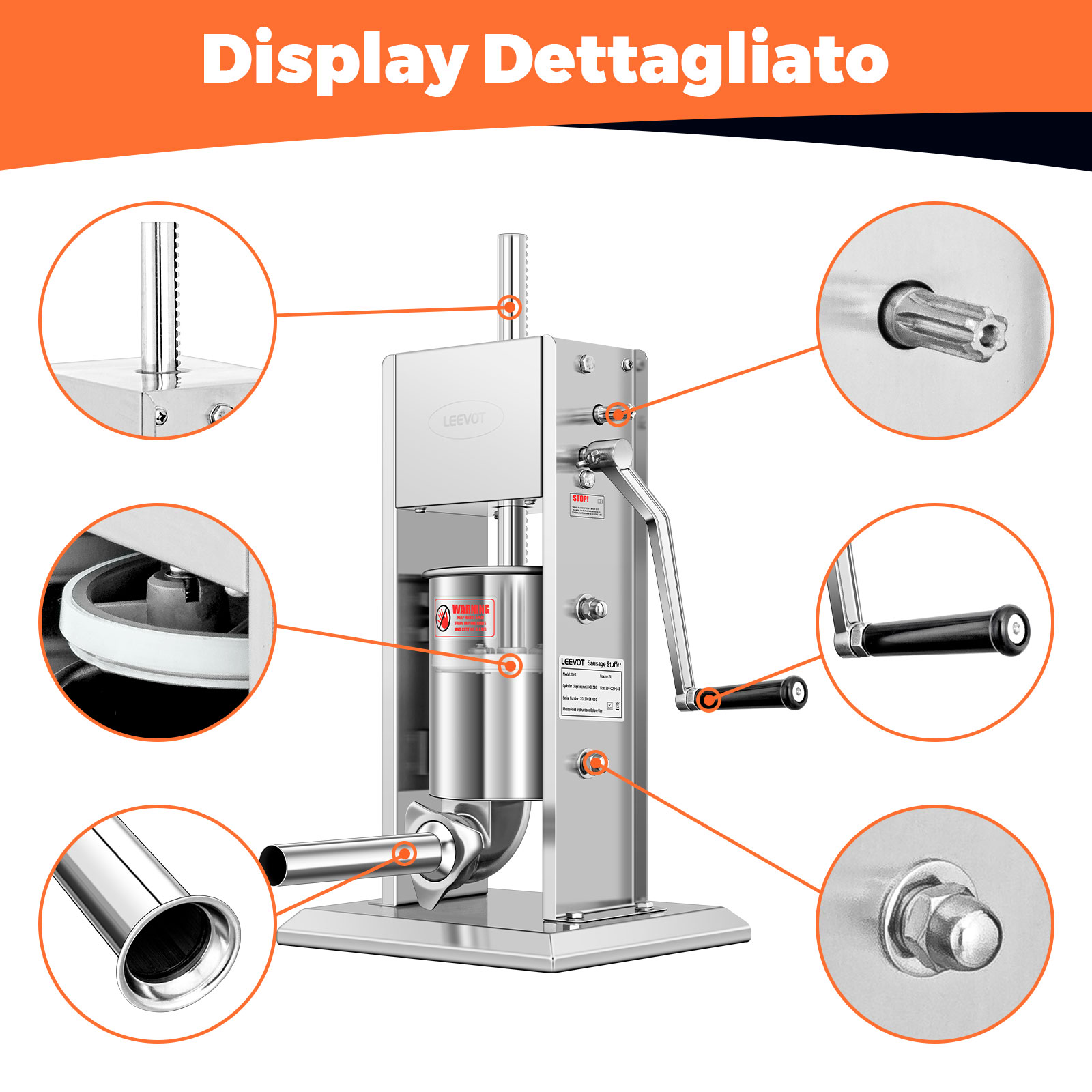 Leevot Insaccatrice Manuale Verticale da 3 Litri - Acciaio Inossidabile, 2 Velocità, 4 Tubetti di Riempimento