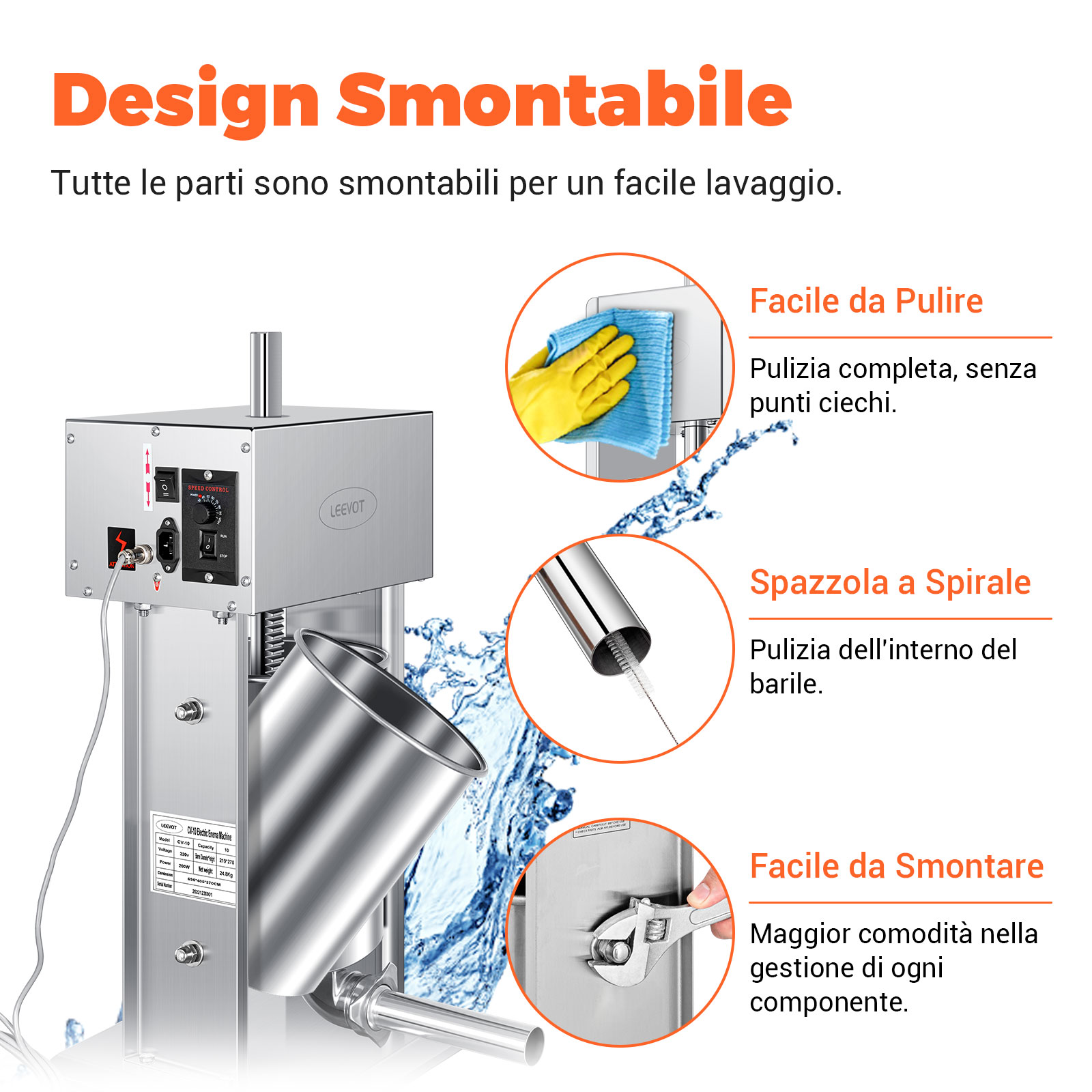 Leevot Macchina Elettrica per Salsicce, 15L, 9 Velocità, Verticale, Acciaio Inossidabile, 4 Tubetti, Uso Domestico e Professionale