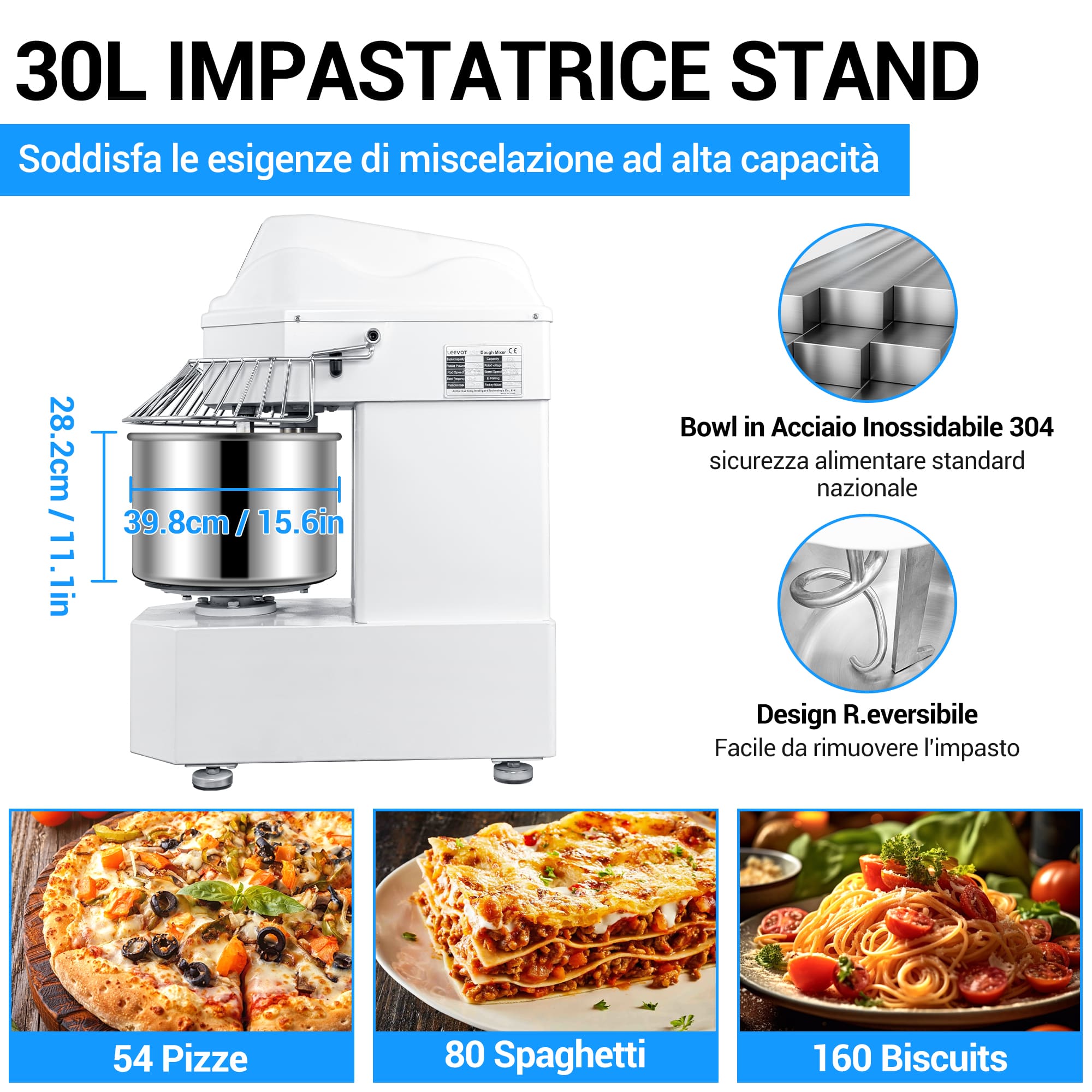 Impastatrice a Spirale Commerciale da 30L con Motore a 2 Velocità e Funzione di Arresto Automatico per la Sicurezza – Ideale per Impasti di Pizza, Pane e Biscotti