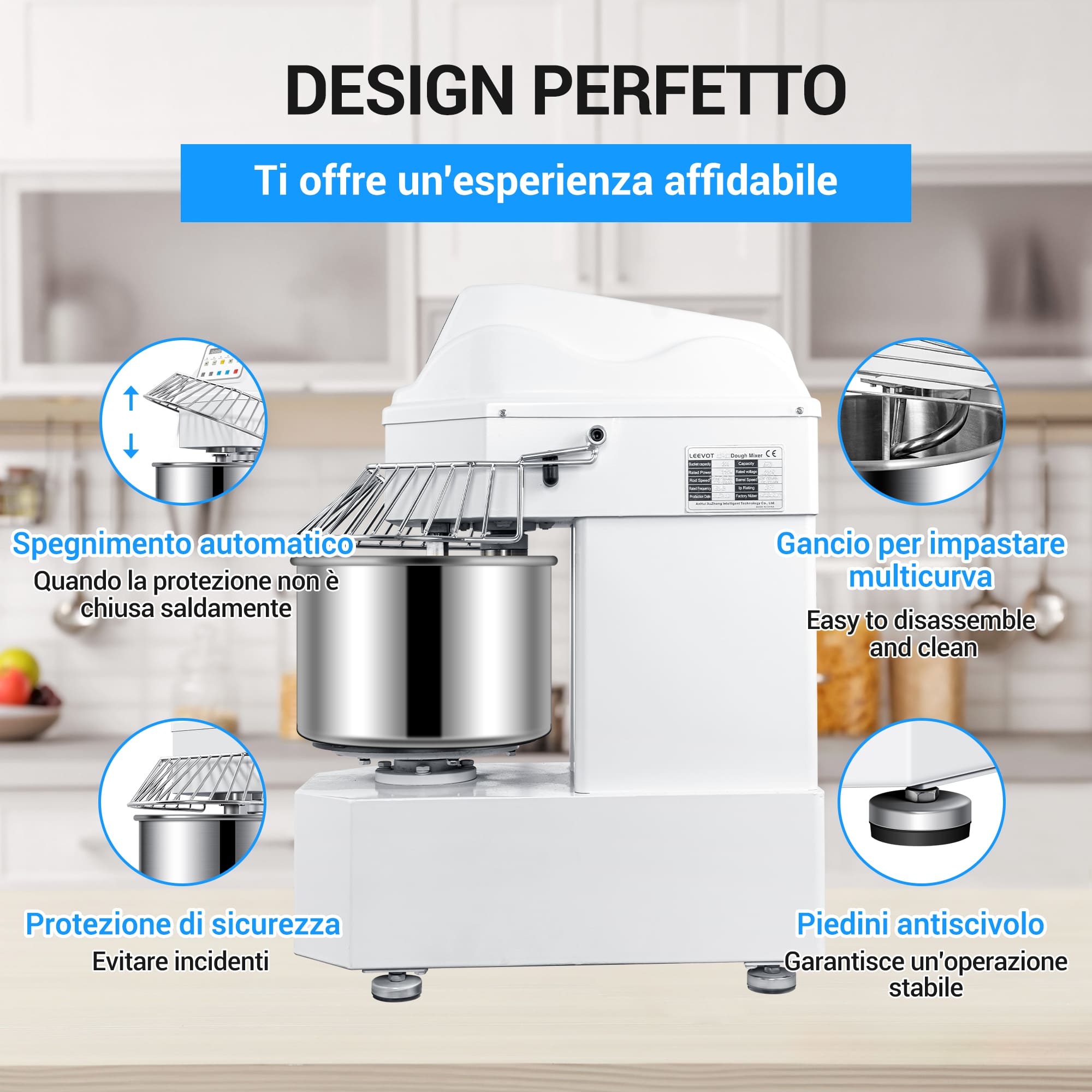 Impastatrice a Spirale Commerciale da 20L con Motore a 2 Velocità e Funzione di Arresto Automatico per la Sicurezza – Ideale per Impasti di Pizza, Pane e Biscotti