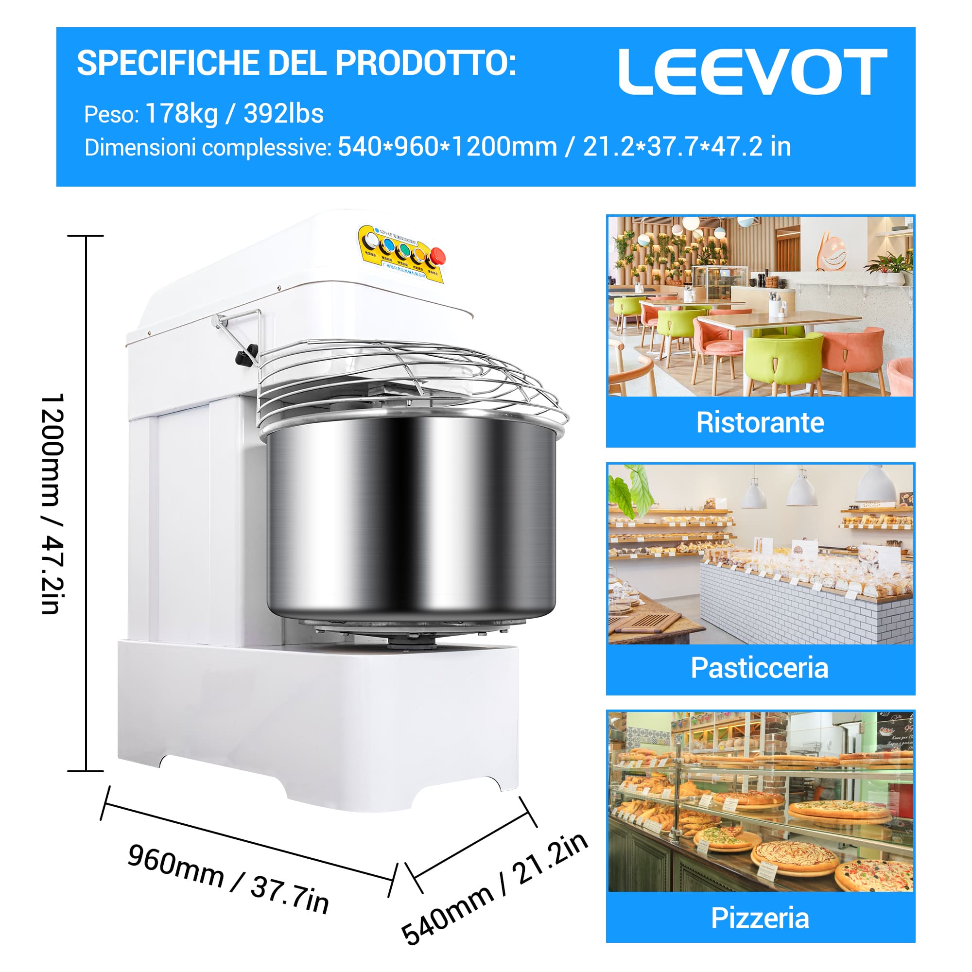 Leevot Impastatrice a Spirale Professionale da 60L – Capacità Elevata, Doppia Rotazione e Sicurezza Avanzata per Cucine e Panifici