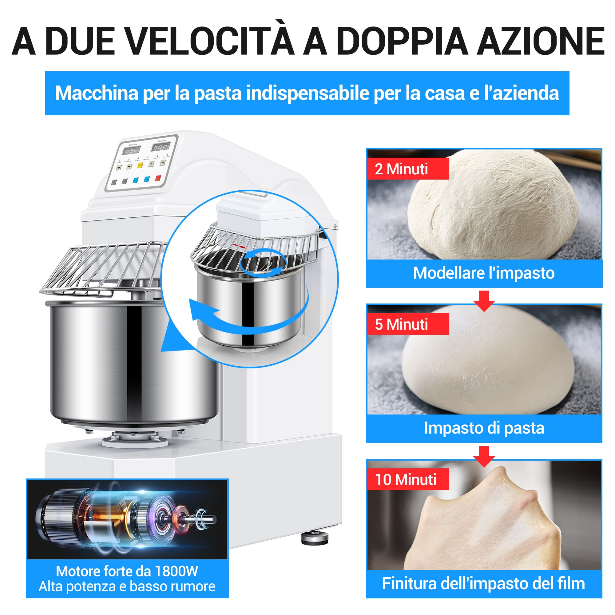 Impastatrice a Spirale Commerciale da 30L con Motore a 2 Velocità e Funzione di Arresto Automatico per la Sicurezza – Ideale per Impasti di Pizza, Pane e Biscotti
