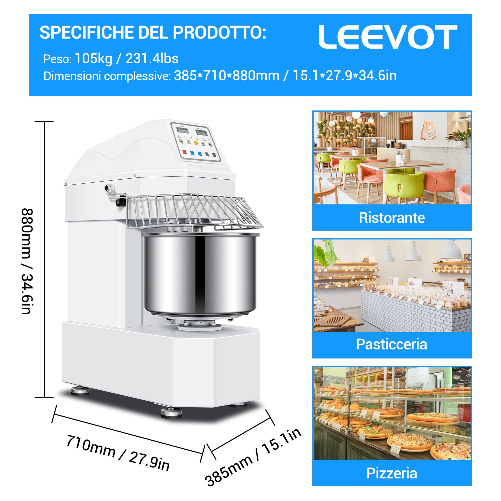 Impastatrice a Spirale Commerciale da 20L con Motore a 2 Velocità e Funzione di Arresto Automatico per la Sicurezza – Ideale per Impasti di Pizza, Pane e Biscotti