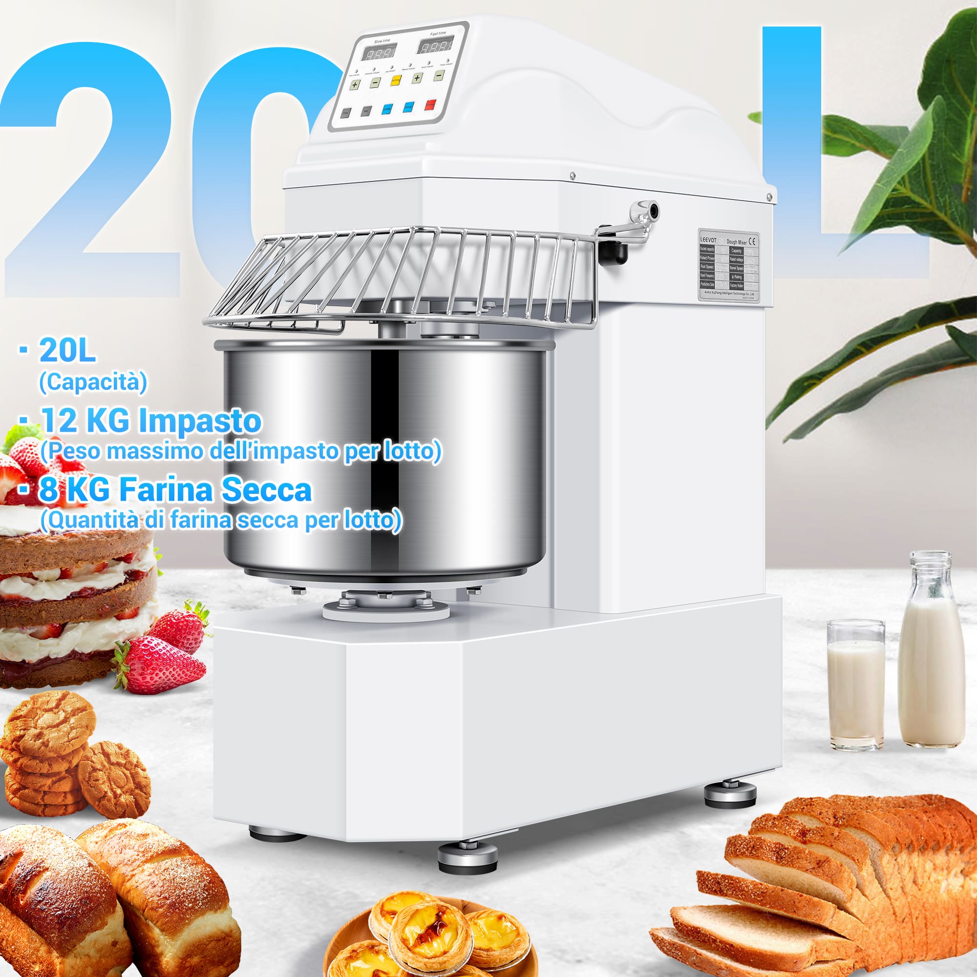 Impastatrice a Spirale Commerciale da 20L con Motore a 2 Velocità e Funzione di Arresto Automatico per la Sicurezza – Ideale per Impasti di Pizza, Pane e Biscotti