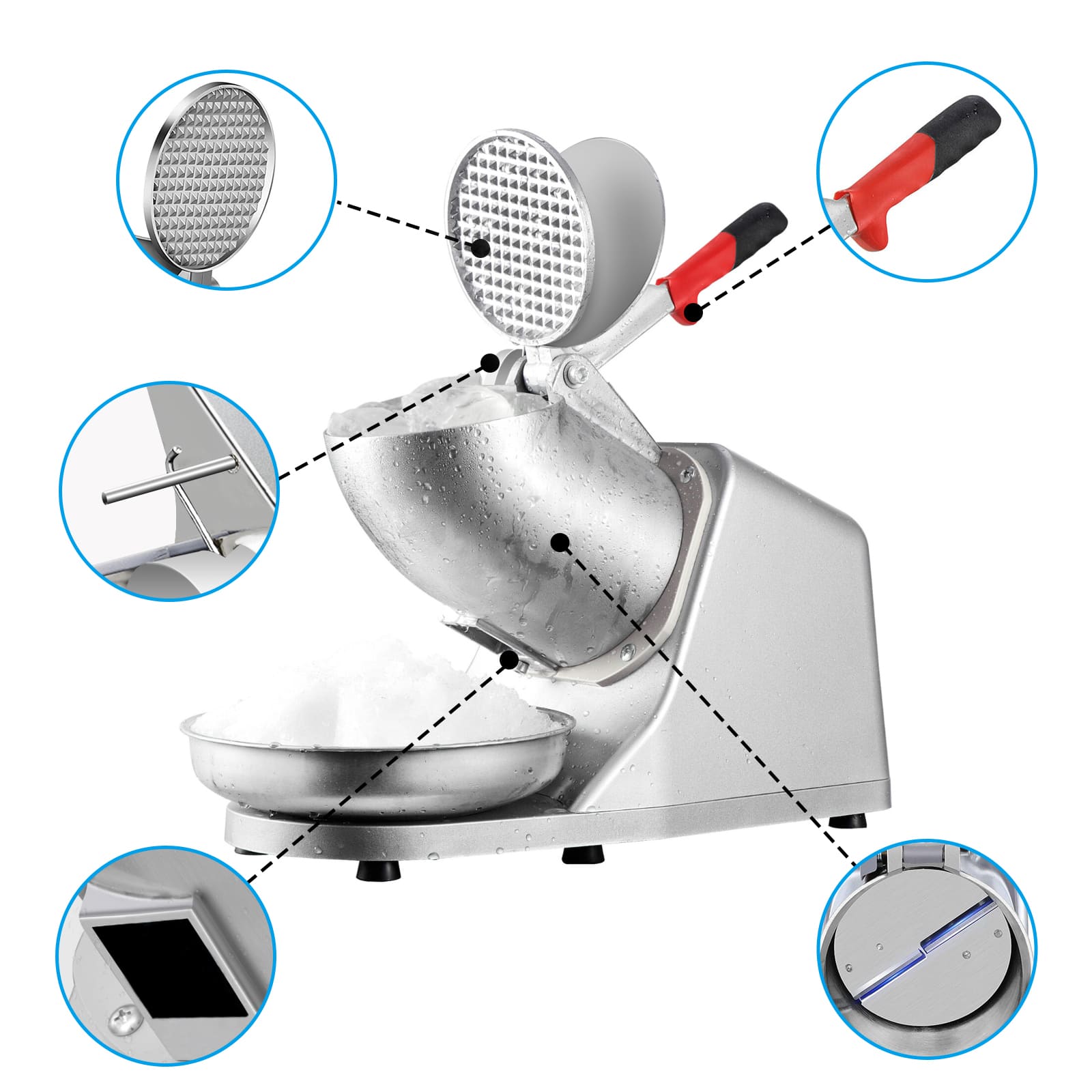 LEEVOT Macchina per Coni di Neve ad Alta Capacità - Tritaghiaccio 85 kg/h con Motore 2200 RPM, Sicurezza Avanzata e Design Robusto in Acciaio Inossidabile