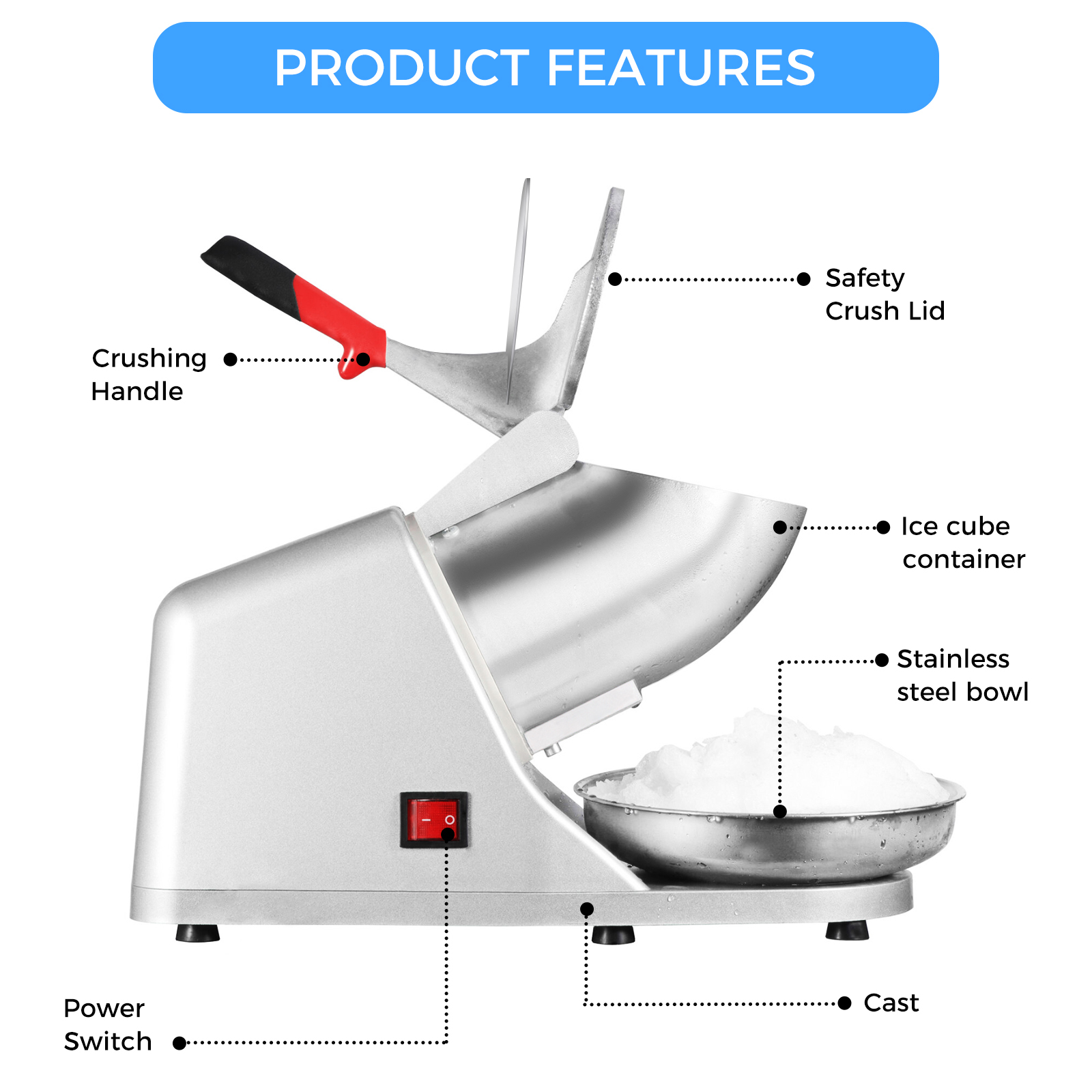 LEEVOT Macchina per Coni di Neve ad Alta Capacità - Tritaghiaccio 85 kg/h con Motore 2200 RPM, Sicurezza Avanzata e Design Robusto in Acciaio Inossidabile