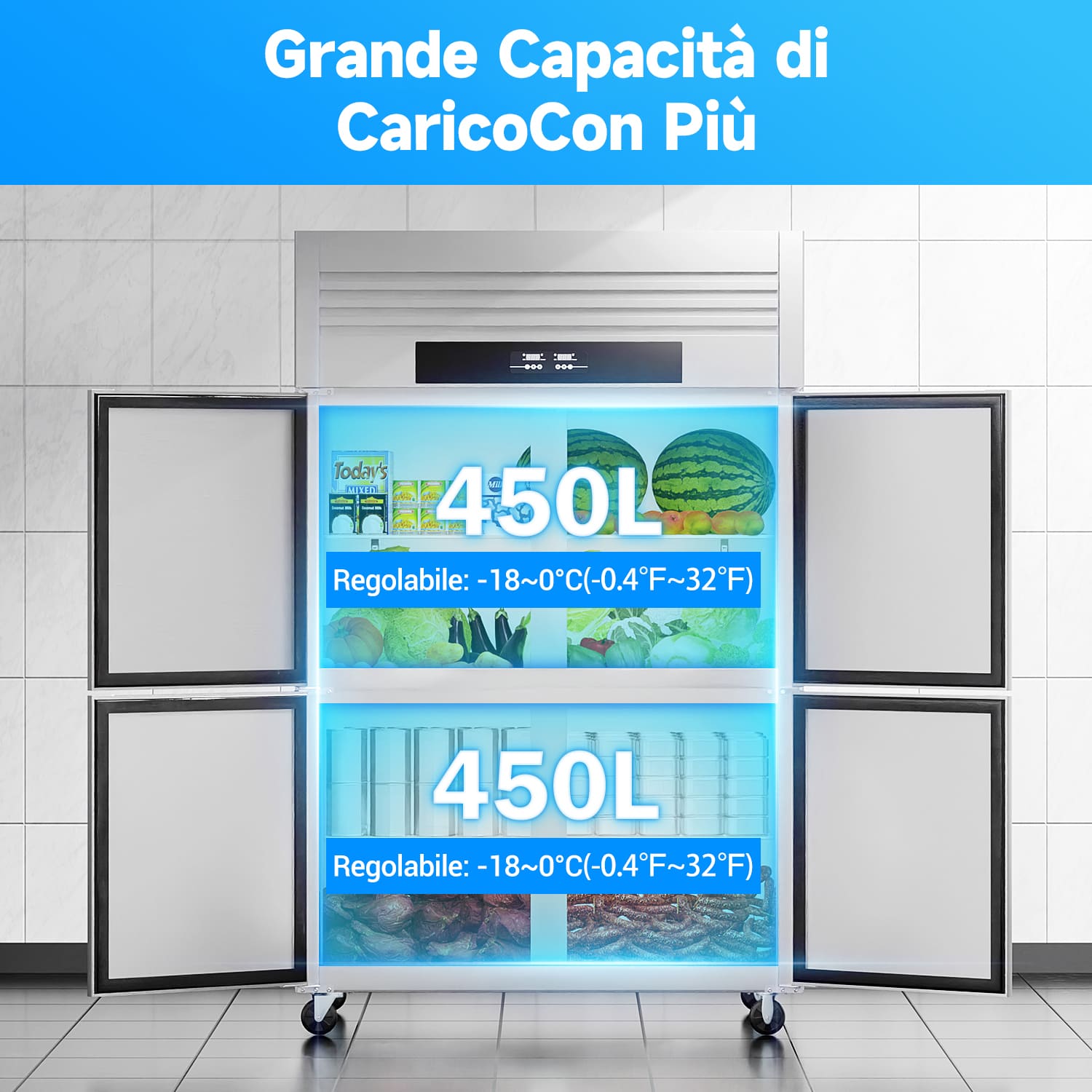 900L Congelatore Commerciale a Porta Solida Reach-In, Refrigeratore Verticale da 300W, Armadio Refrigerato in Acciaio Inossidabile da 220V per la Conservazione di Cibi Surgelati.
