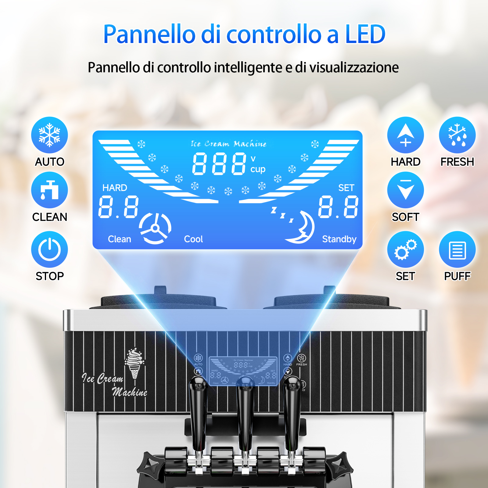 Leevot Macchina Gelato Soft da Banco 28 Qt/H – 2450W, 2x6L Vasche, 3 Erogatori, Display LCD, Auto-Pulizia e Pre-Raffreddamento, per Ristoranti e Bar